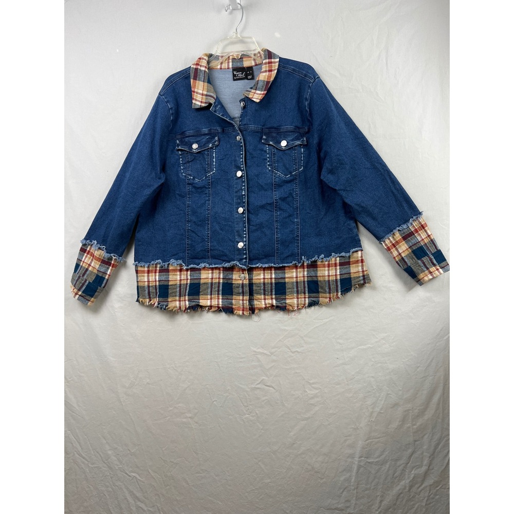 Women with Control Denim Jacket Womens XL Blue Plaid Mixed Media Frayed Shacket